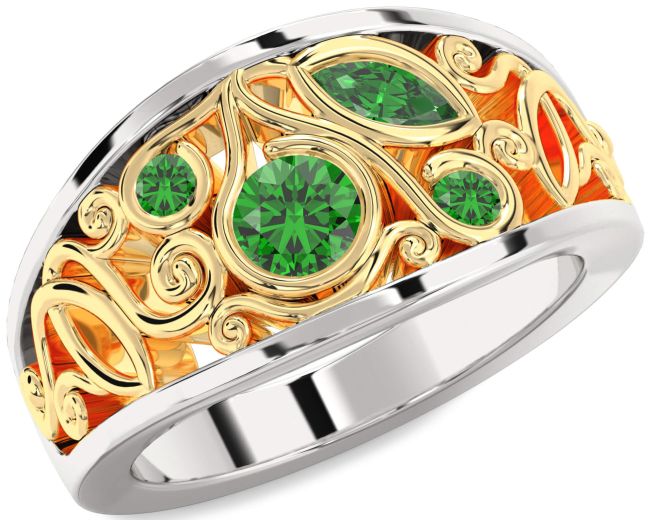 Emerald Gold Silver Round Four Stone Ring