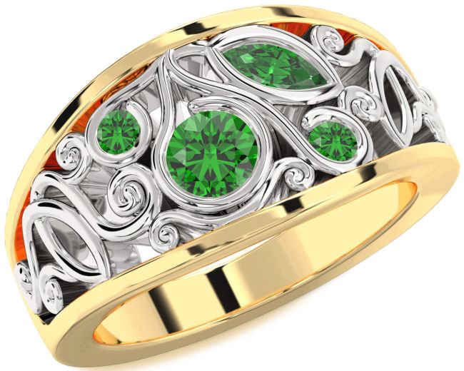 Emerald Gold Silver Round Four Stone Ring