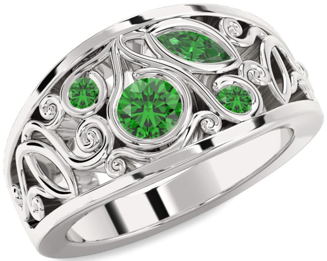 Emerald Silver Round Four Stone Ring