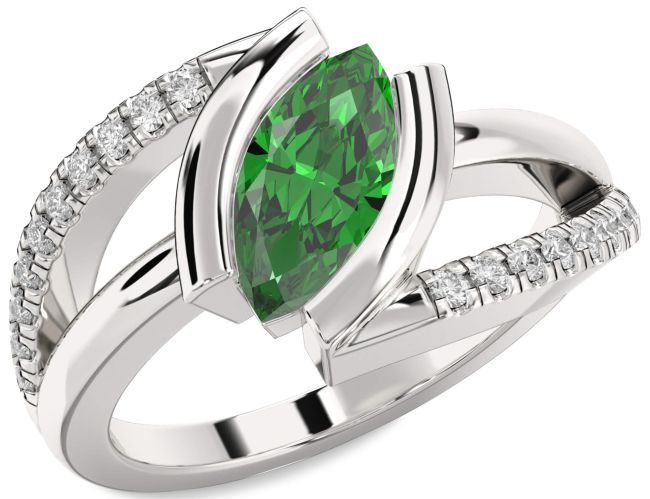 Diamond Emerald Silver Marquise Solitaire Pave Engagement Ring