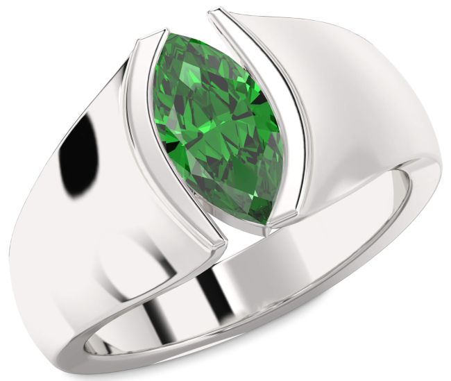 Emerald Silver Marquise Solitaire Engagement Ring