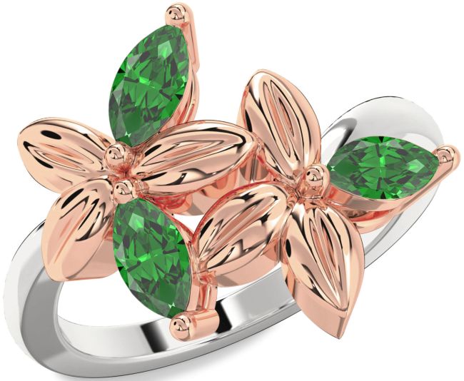 Emerald Platinum & Rose Gold Flower Ring