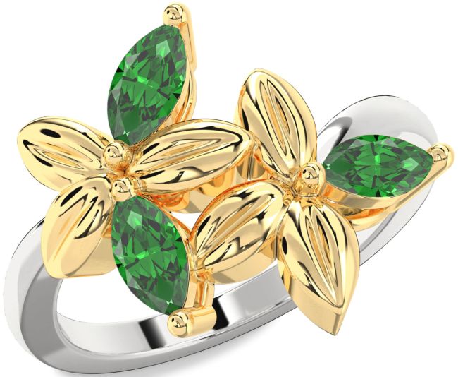 Emerald Silver & 10K gold Flower Ring