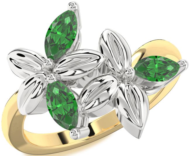 Emerald Gold Silver Flower Ring