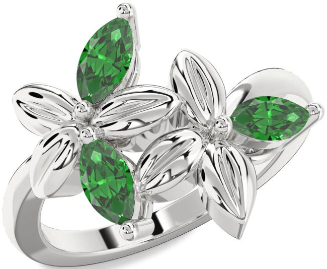 Emerald Silver Flower Ring