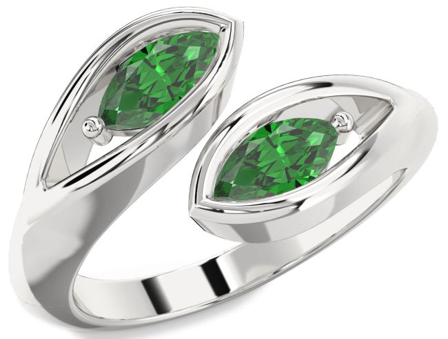 Emerald Silver Marquise Two Stone Birthstone Ring