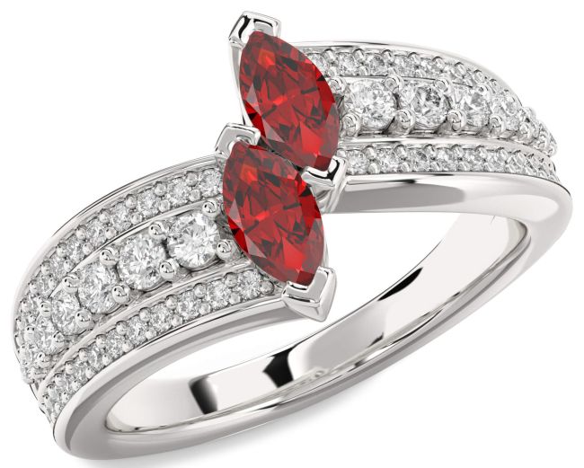 Diamond Ruby Silver Marquise Two Stone Birthstone Ring