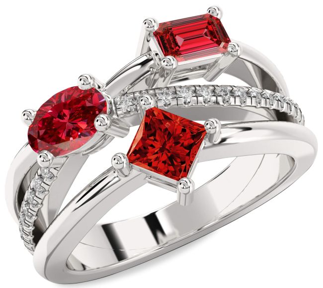 Diamond Ruby Silver Oval Three Stone Birthstone Ring