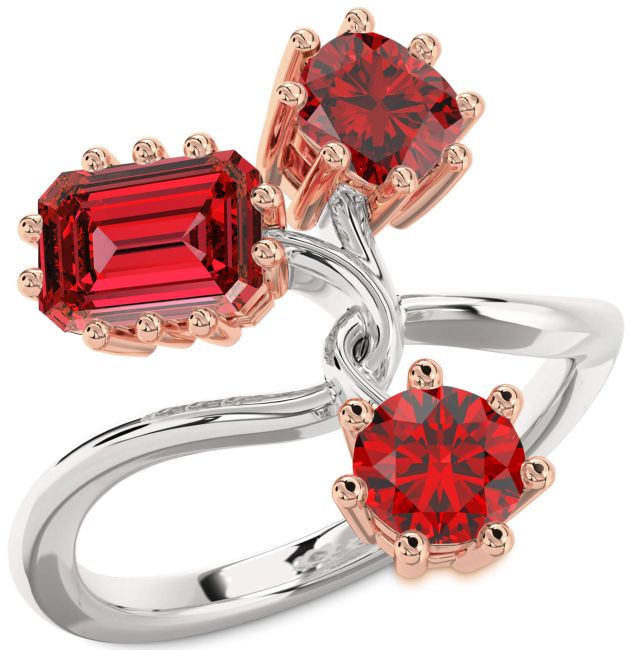 Ruby White Rose Gold Ruby Cut Three Stone Birthstone Ring