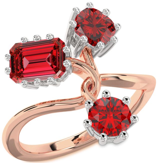 Ruby Platinum & Rose Gold Ruby Cut Three Stone Birthstone Ring