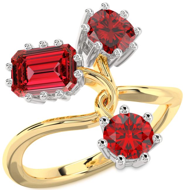 Ruby White Yellow Gold Ruby Cut Three Stone Birthstone Ring