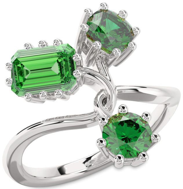 Emerald Silver Emerald Cut Three Stone Birthstone Ring
