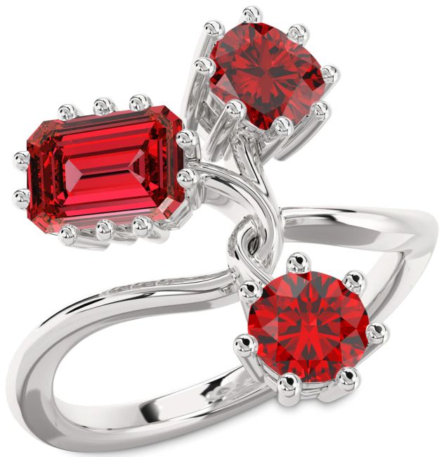 Ruby White Gold Ruby Cut Three Stone Birthstone Ring