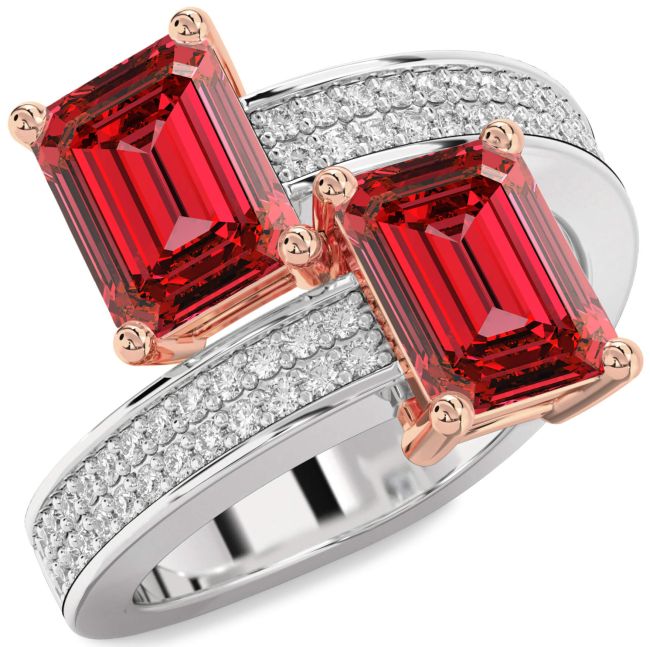 Diamond Ruby Rose Gold Silver Ruby Cut Two Stone Birthstone Ring
