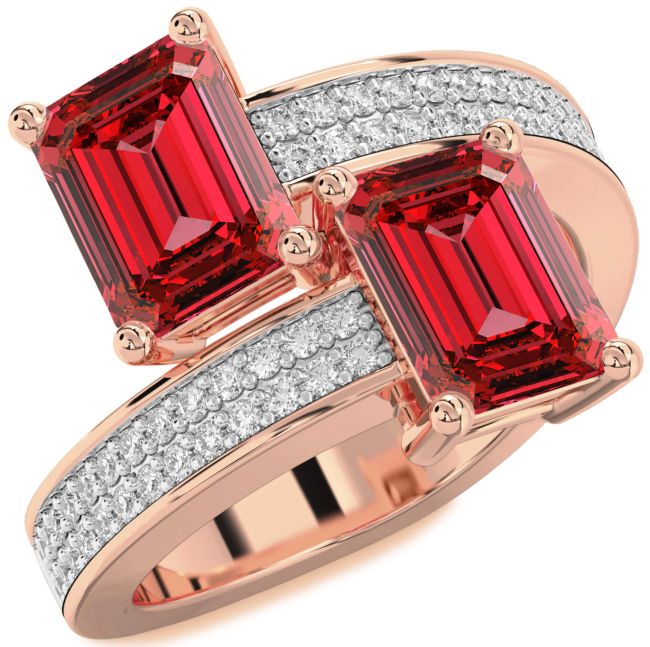 Diamond Ruby Rose Gold Ruby Cut Two Stone Birthstone Ring