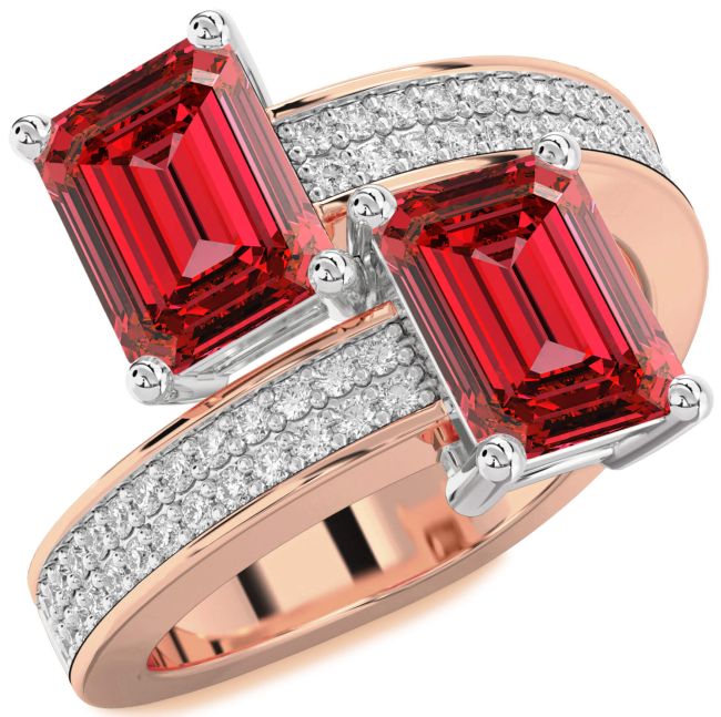 Diamond Ruby Rose Gold Silver Ruby Cut Two Stone Birthstone Ring