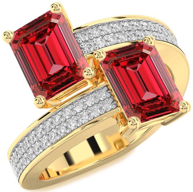 Diamond Ruby Gold Silver Ruby Cut Two Stone Birthstone Ring