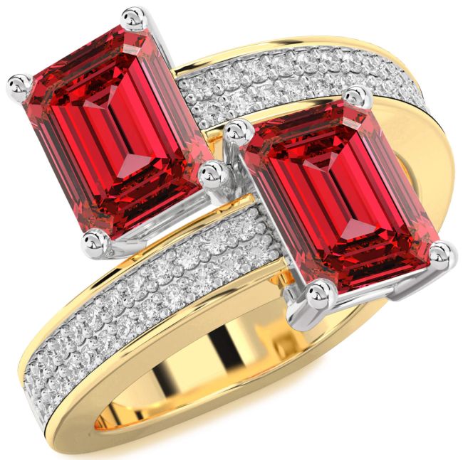 Diamond Ruby Gold Silver Ruby Cut Two Stone Birthstone Ring