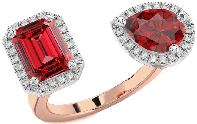 Diamond Ruby Rose Gold Silver Halo Ruby Cut Two Stone Birthstone Ring