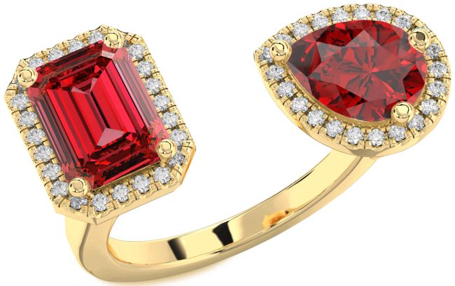 Diamond Ruby Gold Halo Ruby Cut Two Stone Birthstone Ring