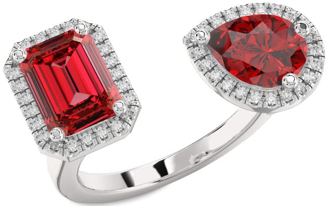 Diamond Ruby Silver Halo Ruby Cut Two Stone Birthstone Ring
