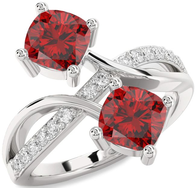Diamond Ruby White Gold Cushion Two Stone Birthstone Ring