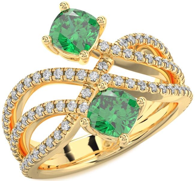 Diamond Emerald Gold Infinity Cushion Two Stone Birthstone Ring
