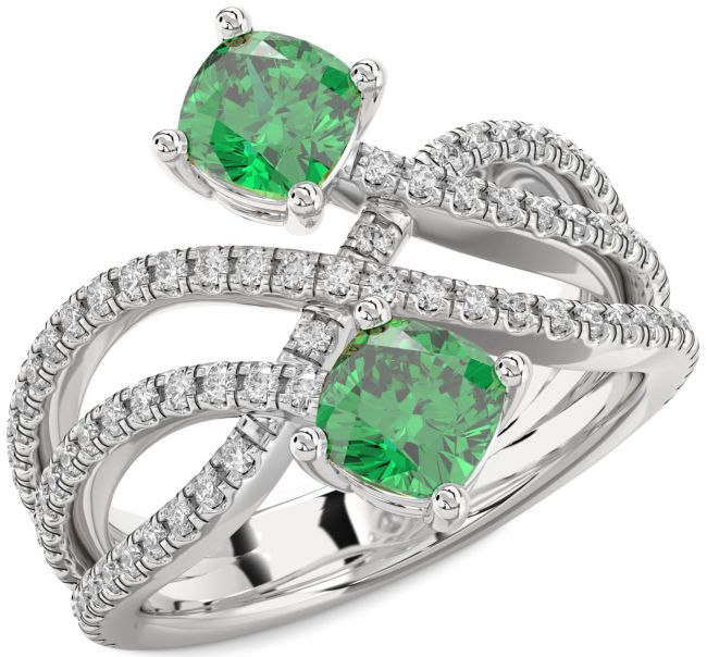 Diamond Emerald Silver Infinity Cushion Two Stone Birthstone Ring