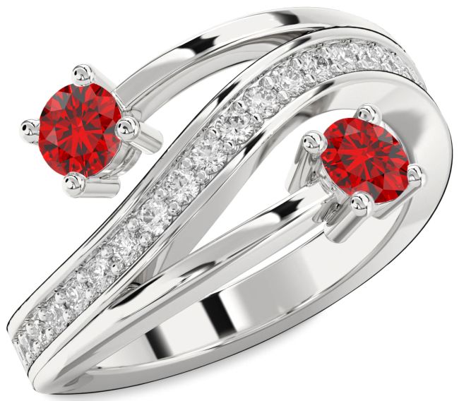 Diamond Ruby Silver Cushion Two Stone Birthstone Ring
