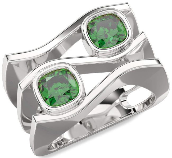 Emerald Silver Cushion Two Stone Birthstone Ring