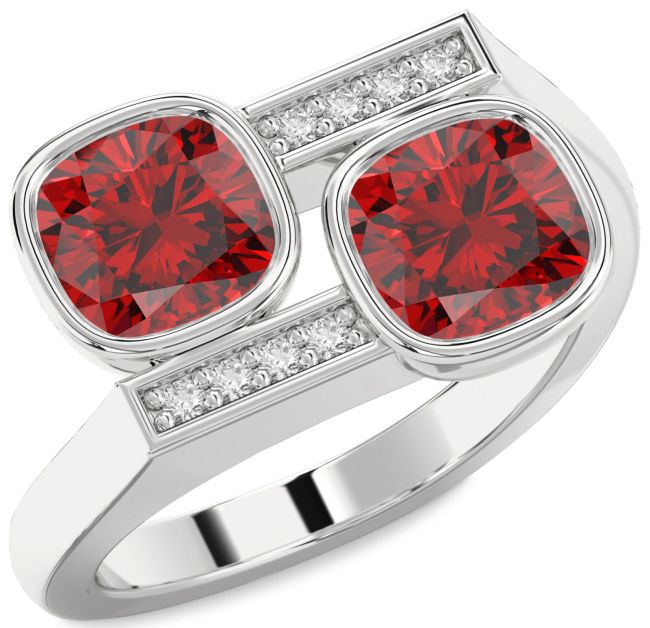 Diamond Ruby Silver Cushion Two Stone Birthstone Ring