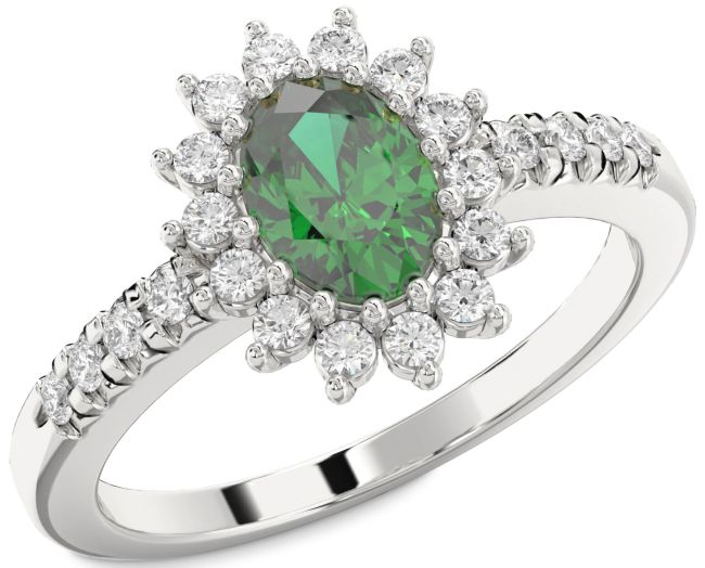 Diamond Emerald Silver Halo Oval Engagement Ring