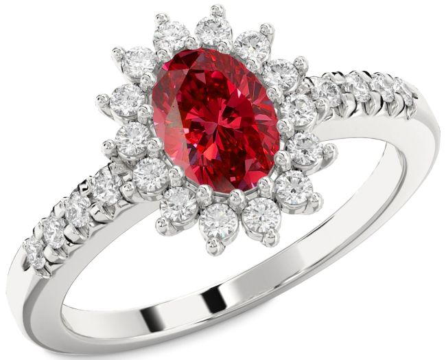 Diamond Ruby Silver Halo Oval Engagement Ring