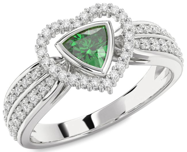 Diamond Emerald Silver Heart Solitaire Engagement Ring