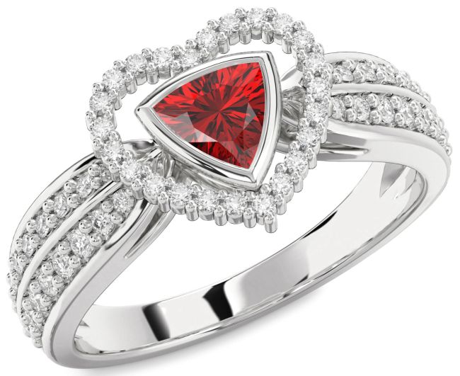 Diamond Ruby Silver Heart Solitaire Engagement Ring