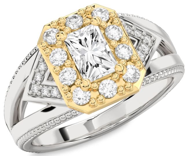 Diamond White Yellow Gold Halo Octagonal Engagement Ring