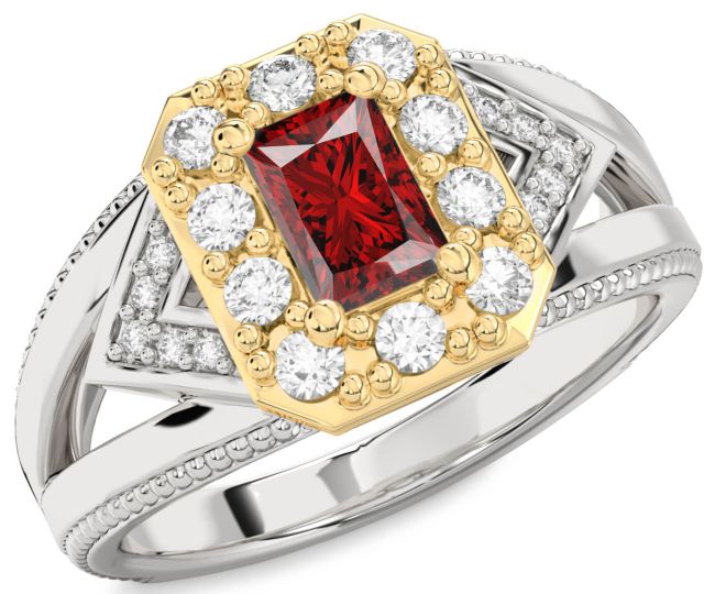 Diamond Ruby Gold Silver Halo Octagonal Engagement Ring
