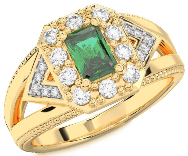 Diamond Emerald Gold Silver Halo Octagonal Engagement Ring