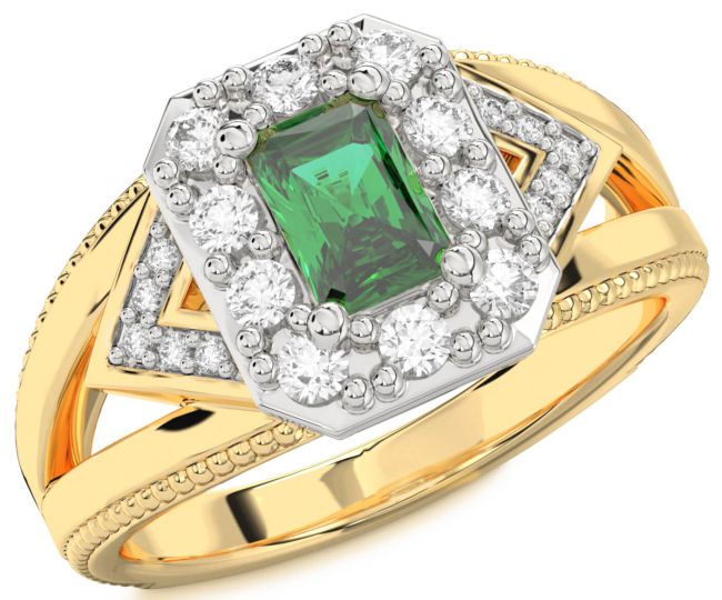 Diamond Emerald Gold Silver Halo Octagonal Engagement Ring