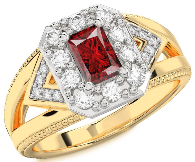 Diamond Ruby Gold Silver Halo Octagonal Engagement Ring