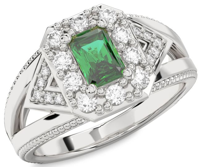 Diamond Emerald Silver Halo Octagonal Engagement Ring