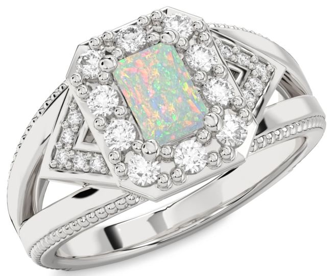 Diamond Opal Silver Halo Octagonal Engagement Ring