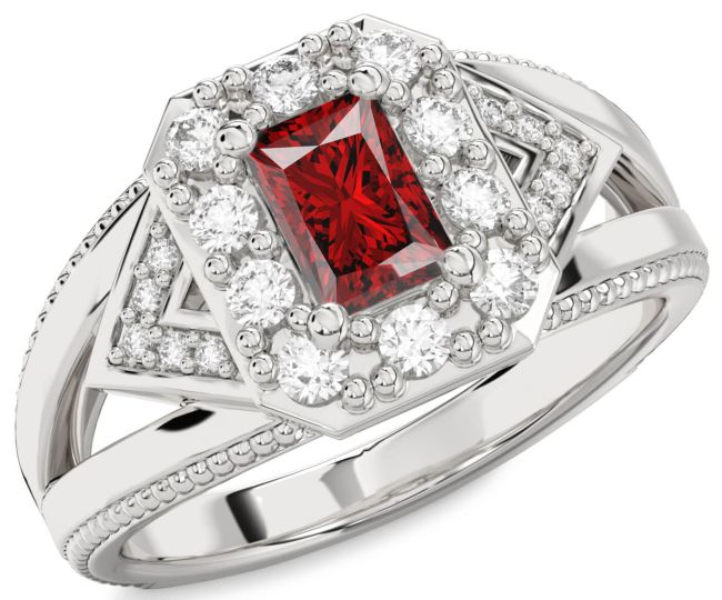 Diamond Ruby Silver Halo Octagonal Engagement Ring