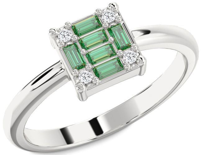 Diamond Emerald Silver Baguette Promise Ring