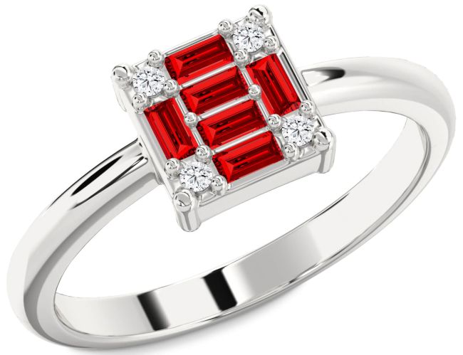 Diamond Ruby Silver Baguette Promise Ring
