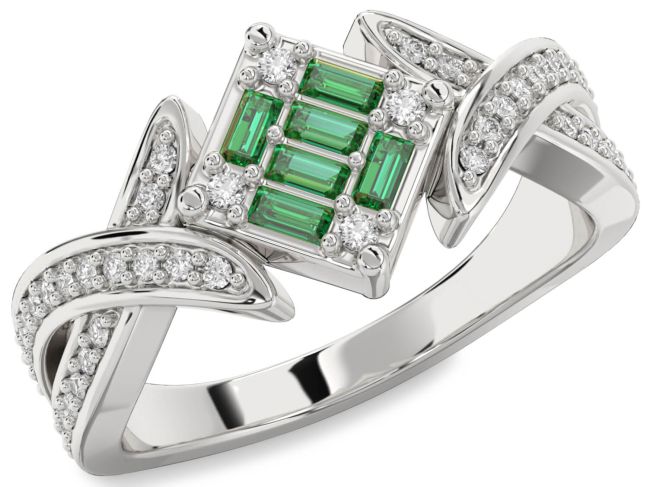 Diamond Emerald Silver Baguette Promise Ring