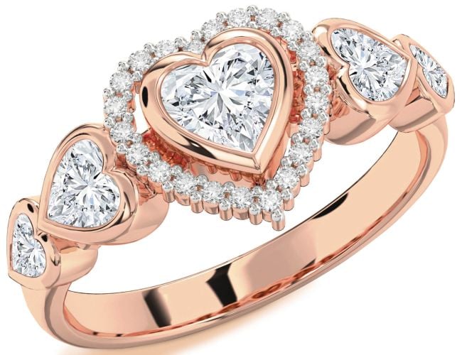 Diamond Rose Gold Silver Heart Halo Engagement Ring