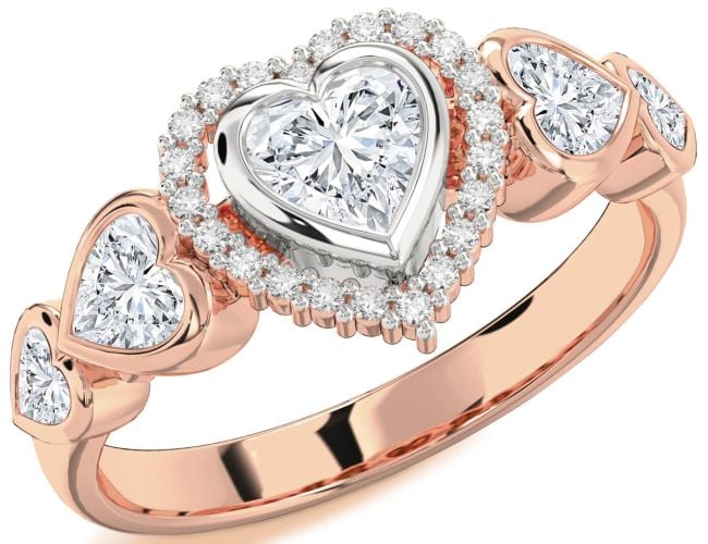Diamond Rose Gold Silver Heart Halo Engagement Ring