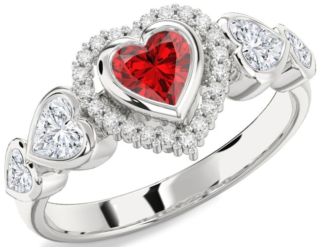 Diamond Ruby Silver Heart Halo Engagement Ring