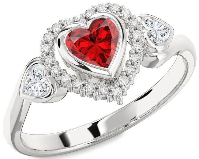 Diamond Ruby Silver Heart Halo Engagement Ring